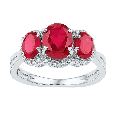 10kt White Gold Womens Oval Lab-Created Ruby 3-stone Diamond Ring 2-3/4 Cttw