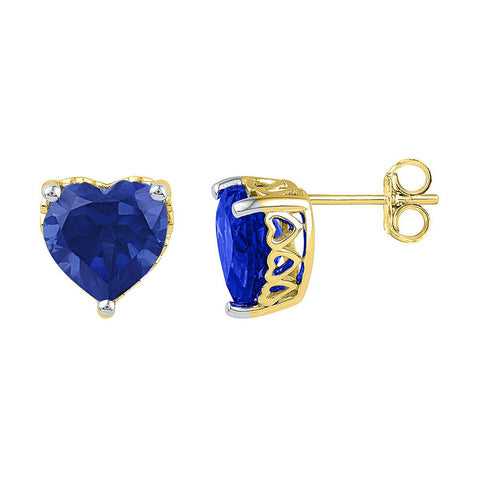 10kt Yellow Gold Womens Lab-Created Blue Sapphire Heart Stud Earrings 7 Cttw