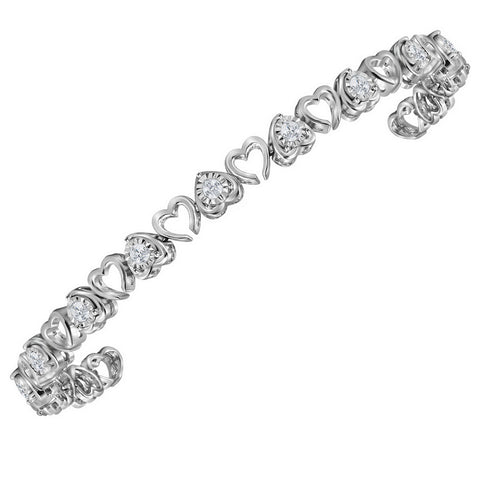 Sterling Silver Womens Round Diamond Heart Love Bracelet 1.00 Cttw