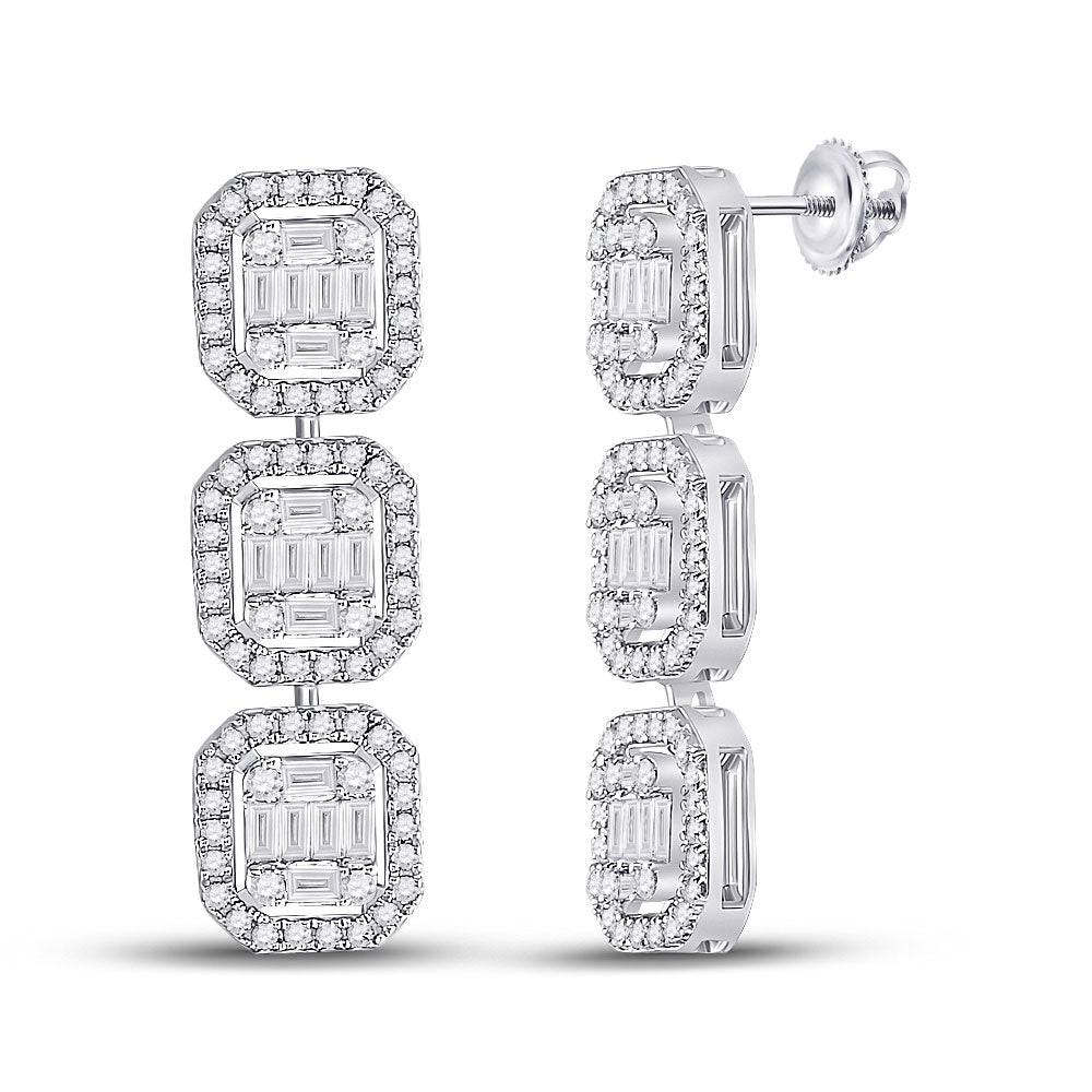 14kt White Gold Womens Baguette Diamond Dangle Earrings 1-5/8 Cttw