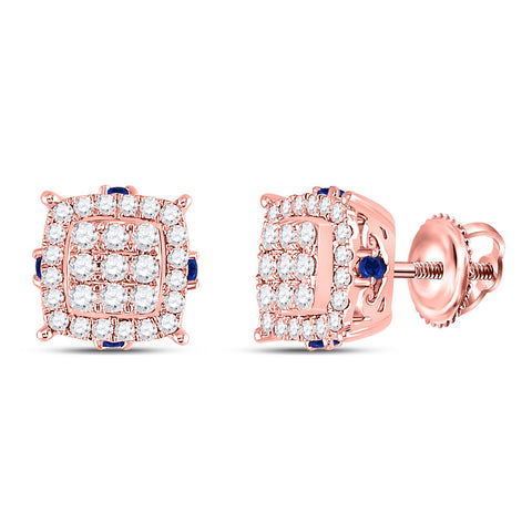 14kt Rose Gold Womens Round Diamond Blue Sapphire Square Earrings 5/8 Cttw