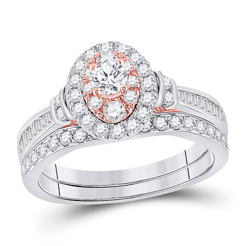 10kt Two-tone Gold Round Diamond Oval Halo Bridal Wedding Ring Band Set 1 Cttw