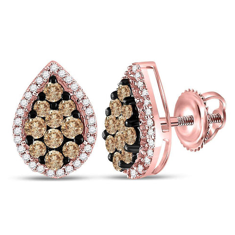 10kt Rose Gold Womens Round Brown Diamond Teardrop Cluster Earrings 1 Cttw
