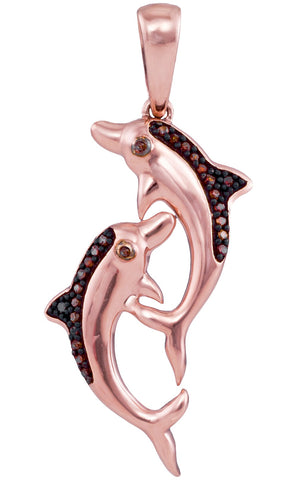 10kt Rose Gold Womens Round Color Enhanced Red Diamond Dolphin Nautical Animal Pendant 1/12 Cttw