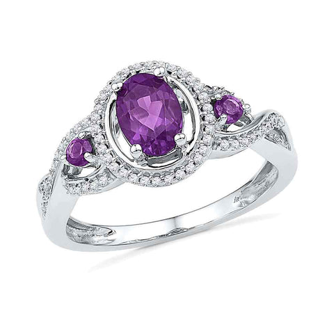10kt White Gold Womens Oval Lab-Created Amethyst Solitaire Diamond Ring 1 Cttw