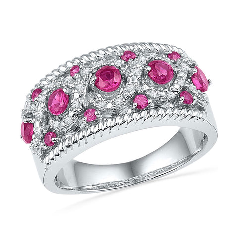 10kt White Gold Womens Round Lab-Created Pink Sapphire Diamond Roped Band 1 Cttw