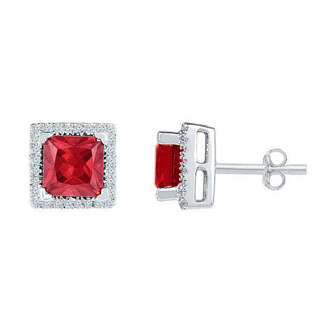 Sterling Silver Womens Princess Lab-Created Ruby Stud Earrings 2 Cttw