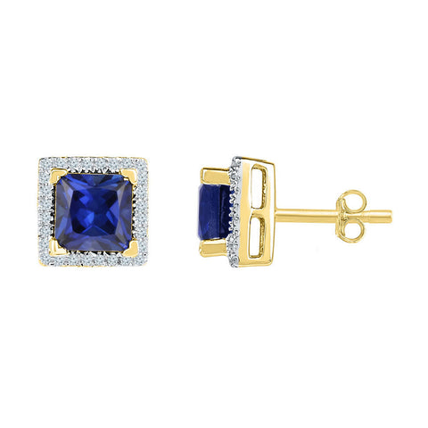 10kt Yellow Gold Womens Princess Lab-Created Blue Sapphire Stud Earrings 2 Cttw