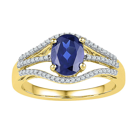 10kt Yellow Gold Womens Oval Lab-Created Blue Sapphire Solitaire Diamond Ring 1-3/4 Cttw