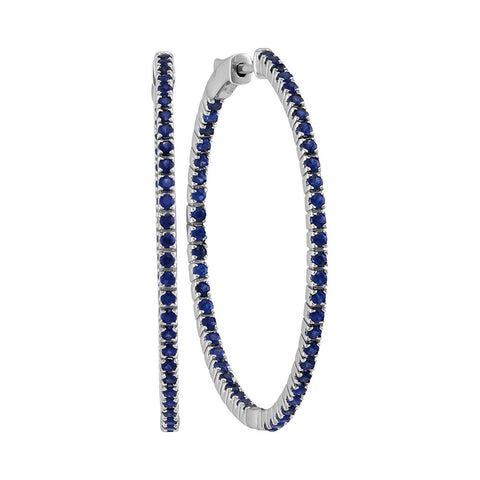 14kt White Gold Womens Round Blue Sapphire Large Slender Inside Outside Hoop Earrings 2-7/8 Cttw