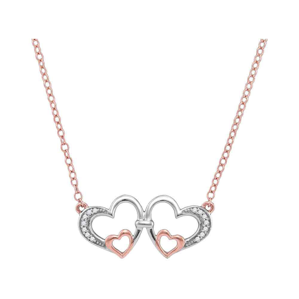 10kt Rose Gold Womens Round Diamond Double Heart Pendant Necklace 1/20 Cttw
