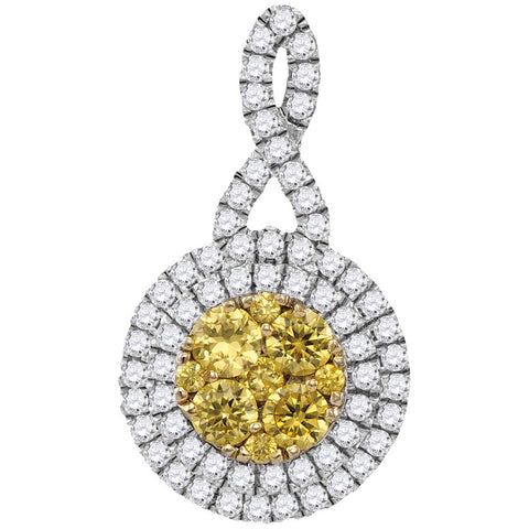 14kt White Gold Womens Round Yellow Diamond Concentric Circle Frame Cluster Pendant 1.00 Cttw