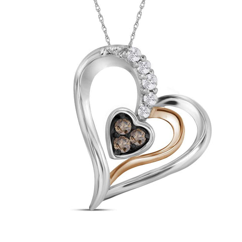 10kt Two-tone Gold Womens Round Brown Color Enhanced Diamond Heart Pendant 1/8 Cttw