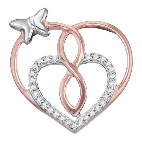 Rose-tone Sterling Silver Womens Round Diamond Heart Butterfly Pendant 1/10 Cttw