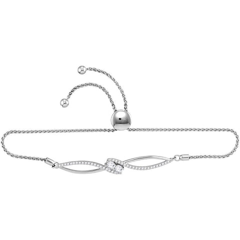 10kt White Gold Womens Round Diamond 2-stone Hearts Together Bolo Bracelet 3/4 Cttw