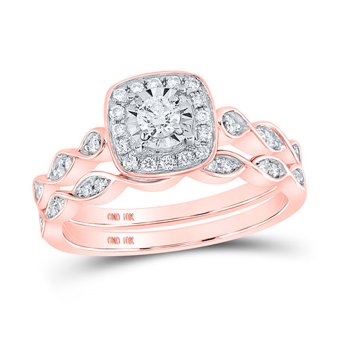 10kt Rose Gold Round Diamond Halo Bridal Wedding Ring Band Set 1/3 Cttw