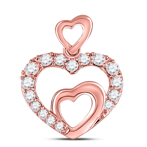 10kt Rose Gold Womens Round Diamond Double Heart Pendant 1/5 Cttw