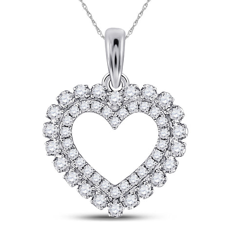 14kt White Gold Womens Round Diamond Outline Heart Pendant 3/8 Cttw
