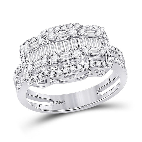 14kt White Gold Womens Baguette Round Diamond Cluster Ring 7/8 Cttw