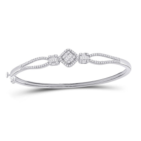14kt White Gold Womens Baguette Diamond Bangle Bracelet 3/4 Cttw