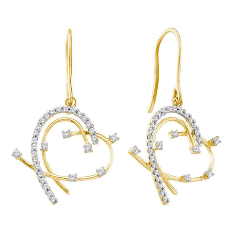 14kt Yellow Gold Womens Round Diamond Wire Heart Dangle Earrings 1/3 Cttw