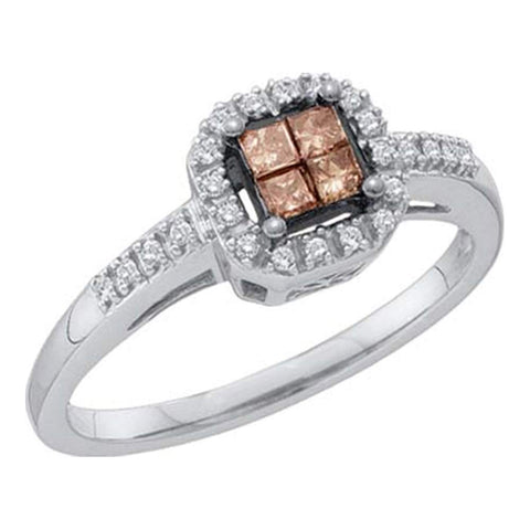 10kt White Gold Womens Princess Cognac-brown Color Enhanced Diamond Square Cluster Ring 1/4 Cttw