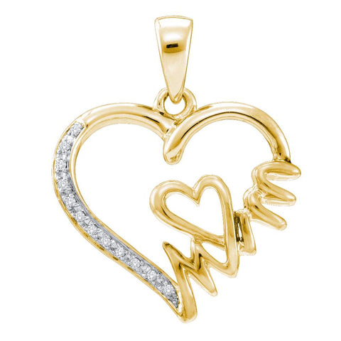 Yellow-tone Sterling Silver Womens Round Diamond Mom Heart Pendant 1/20 Cttw