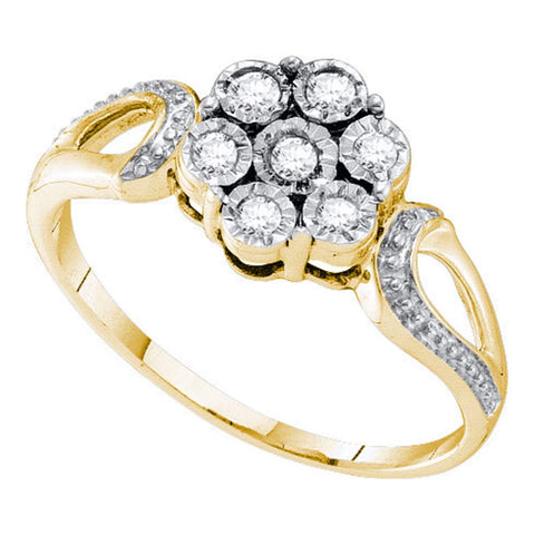 Yellow-tone Sterling Silver Womens Round Diamond Illusion-set Flower Cluster Ring 1/8 Cttw