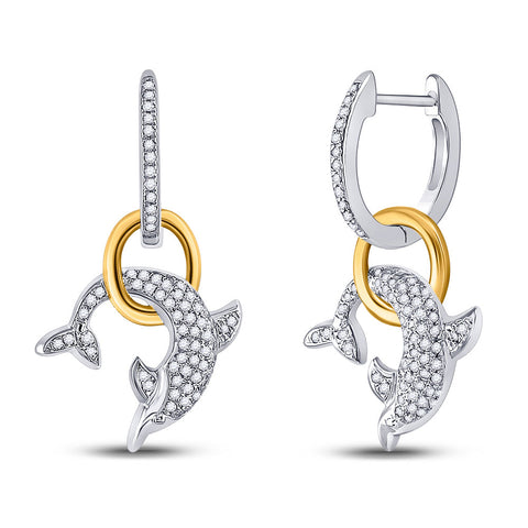 10kt Two-tone Gold Womens Round Diamond Dolphin Hoop Dangle Earrings 1/3 Cttw