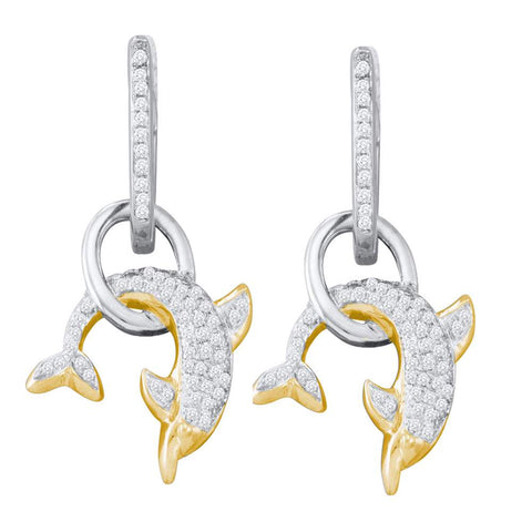 10k White Gold Round Pave-set Diamond Womens Dolphin Nautical Dangle Earrings 1/3 Cttw