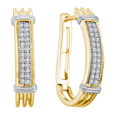 Yellow-tone Sterling Silver Womens Round Pave-set Diamond Oblong Double Row Hoop Earrings 1/6 Cttw