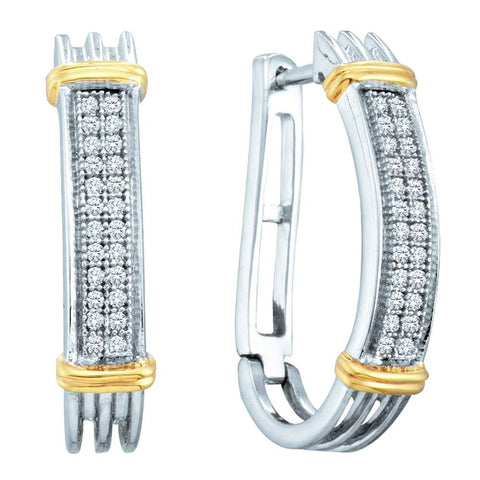 Sterling Silver Womens Round Diamond Two-tone Oblong Double Row Hoop Earrings 1/6 Cttw