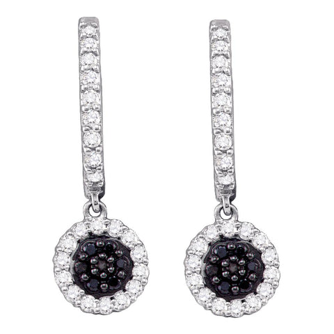 10k White Gold Black Color Enhanced Diamond Womens Hoop Flower Cluster Dangle Earrings 1/2 Cttw