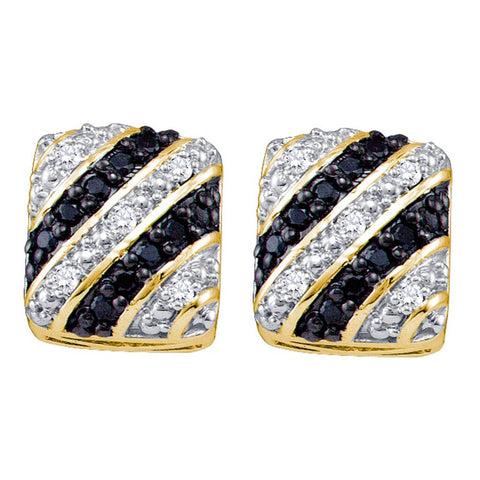 10k Yellow Gold Black Color Enhanced Diamond Striped Square Womens Cluster Stud Earrings 1/4 Cttw