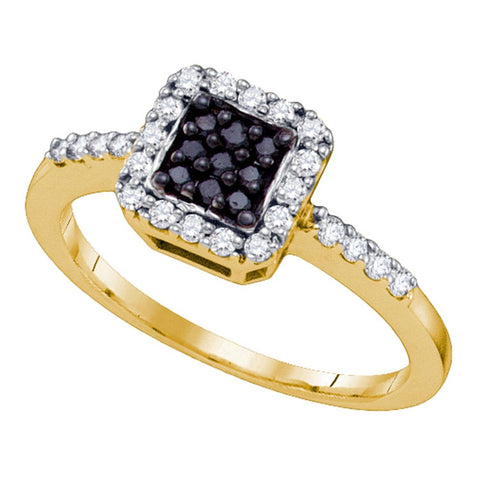 10k Yellow Gold Black Color Enhanced Diamond Womens Square Halo Cluster Slender Ring 3/8 Cttw