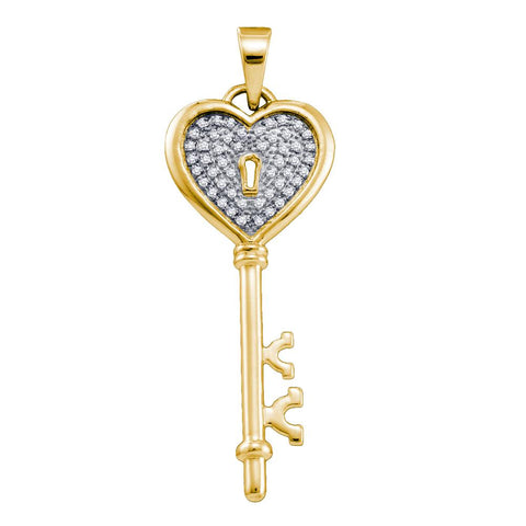 Yellow-tone Sterling Silver Womens Round Diamond Key Lock Heart Pendant 1/8 Cttw