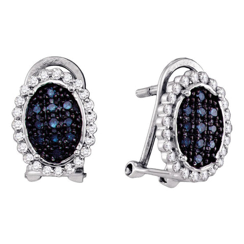 10kt White Gold Womens Round Blue Color Enhanced Diamond Oval Cluster Earrings 1/3 Cttw
