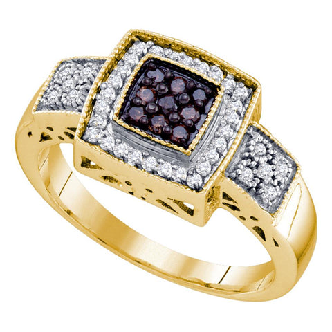 10k Yellow Gold Cognac-brown Color Enhanced Diamond Womens Square-shape Cluster Ring 1/3 Cttw