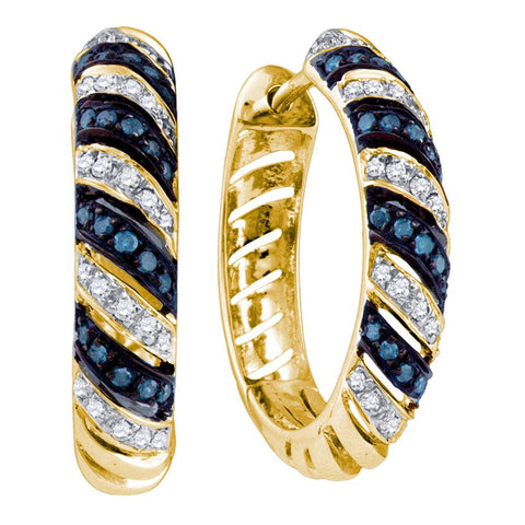 10k Yellow Gold Blue Color Enhanced Round Diamond Womens Horiztonal Stripe Lightweight Hoop Earrings 1/2 Cttw
