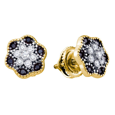 10k Yellow Gold Black Color Enhanced Diamond Womens Flower Cluster Stud Earrings 1/3 Cttw