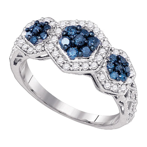 10k White Gold Womens Blue Color Enhanced Diamond Flower Cluster Ring 3/4 Cttw