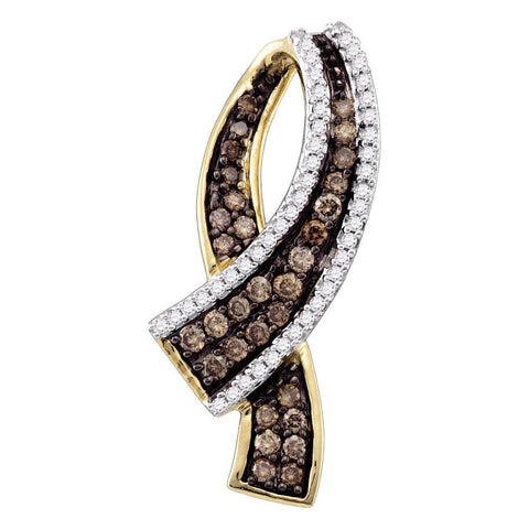 10k Yellow Gold Cognac-brown Color Enhanced Round Pave-set Diamond Womens Ribbon Pendant 1/2 Cttw