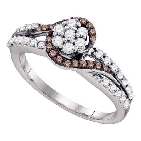 10k White Gold Cognac-brown Color Enhanced Diamond Flower Cluster Bridal Ring 1/2 Cttw