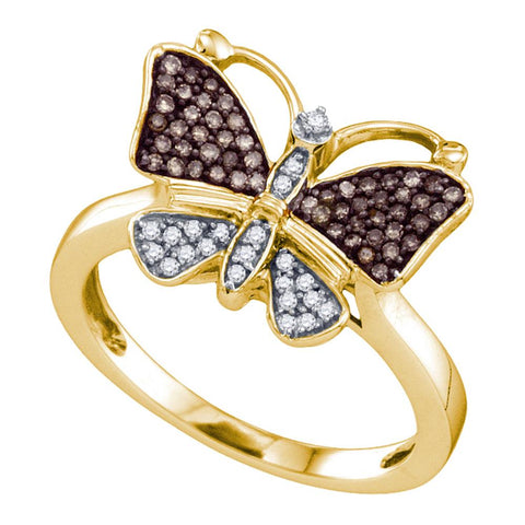 10k Yellow Gold Womens Cognac-brown Color Enhanced Round Diamond Cluster Butterfly Bug Ring 1/5 Cttw