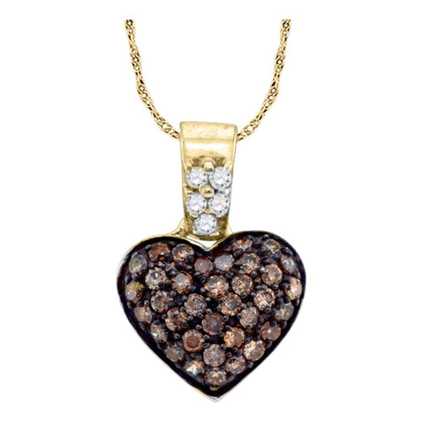 10k Yellow Gold Cognac-brown Color Enhanced Round Cluster Diamond Womens Heart Pendant 3/8 Cttw