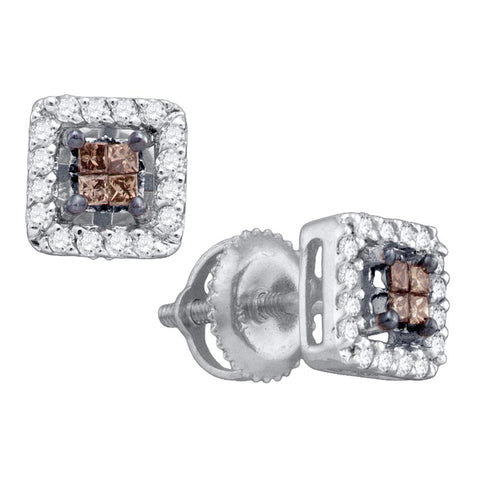 10k White Gold Womens Cognac-brown Color Enhanced Princess Diamond Stud Square Screwback Earrings 1/3 Cttw