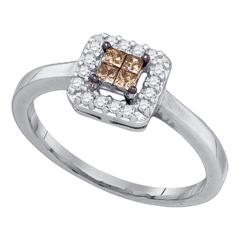 10kt White Gold Womens Princess Cognac-brown Color Enhanced Diamond Square Cluster Halo Ring 1/4 Cttw