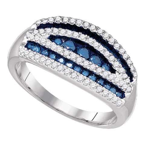 10k White Gold Womens Blue Color Enhanced Round Diamond Striped Cocktail Band Ring 3/4 Cttw