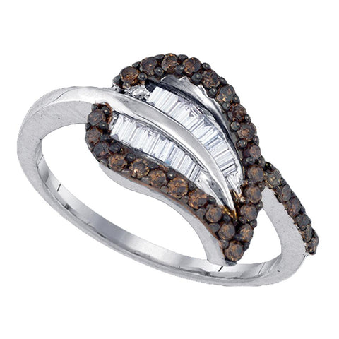 Sterling Silver Womens Round Cognac-brown Color Enhanced Diamond Leaf Petal Cluster Ring 3/8 Cttw