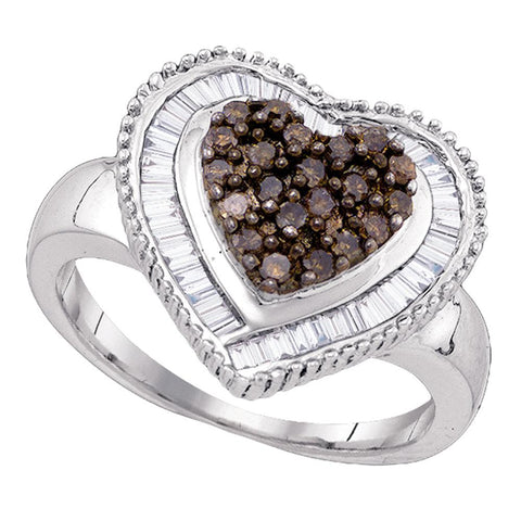 Sterling Silver Womens Round Cognac-brown Color Enhanced Diamond Heart Cluster Ring 3/4 Cttw